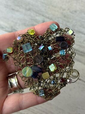 Handmade Metal Wire Crochet Heart Shaped Brooch with Iridescent Glass Beads